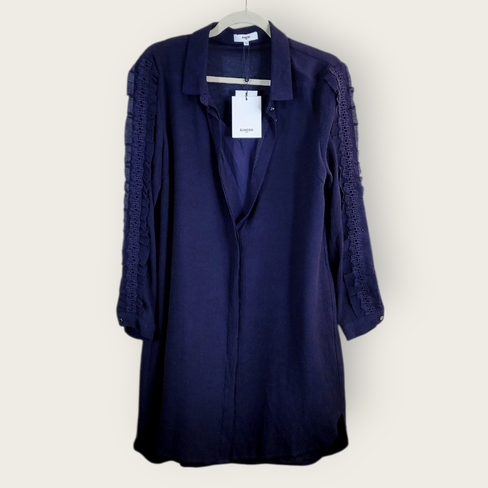 NWT SUNCOO PARIS 2pc Set Navy Blue Shirt Dress Lace Sleeve Detail Medium